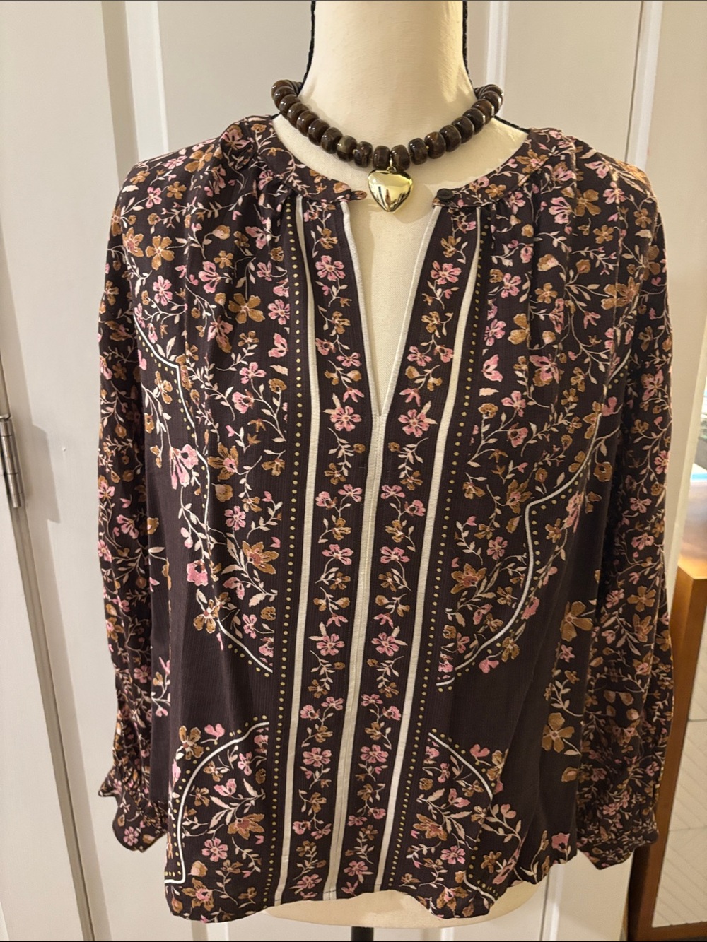 LOFT Brown Floral Split-Front blouse with Pink Accents